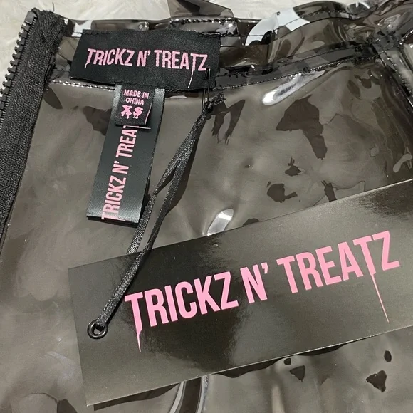 TRICKZ N TREATZ Bat My Lashes Print PVC Vinyl Mini Dress Bat Crescent Moon Black - Picture 8 of 14